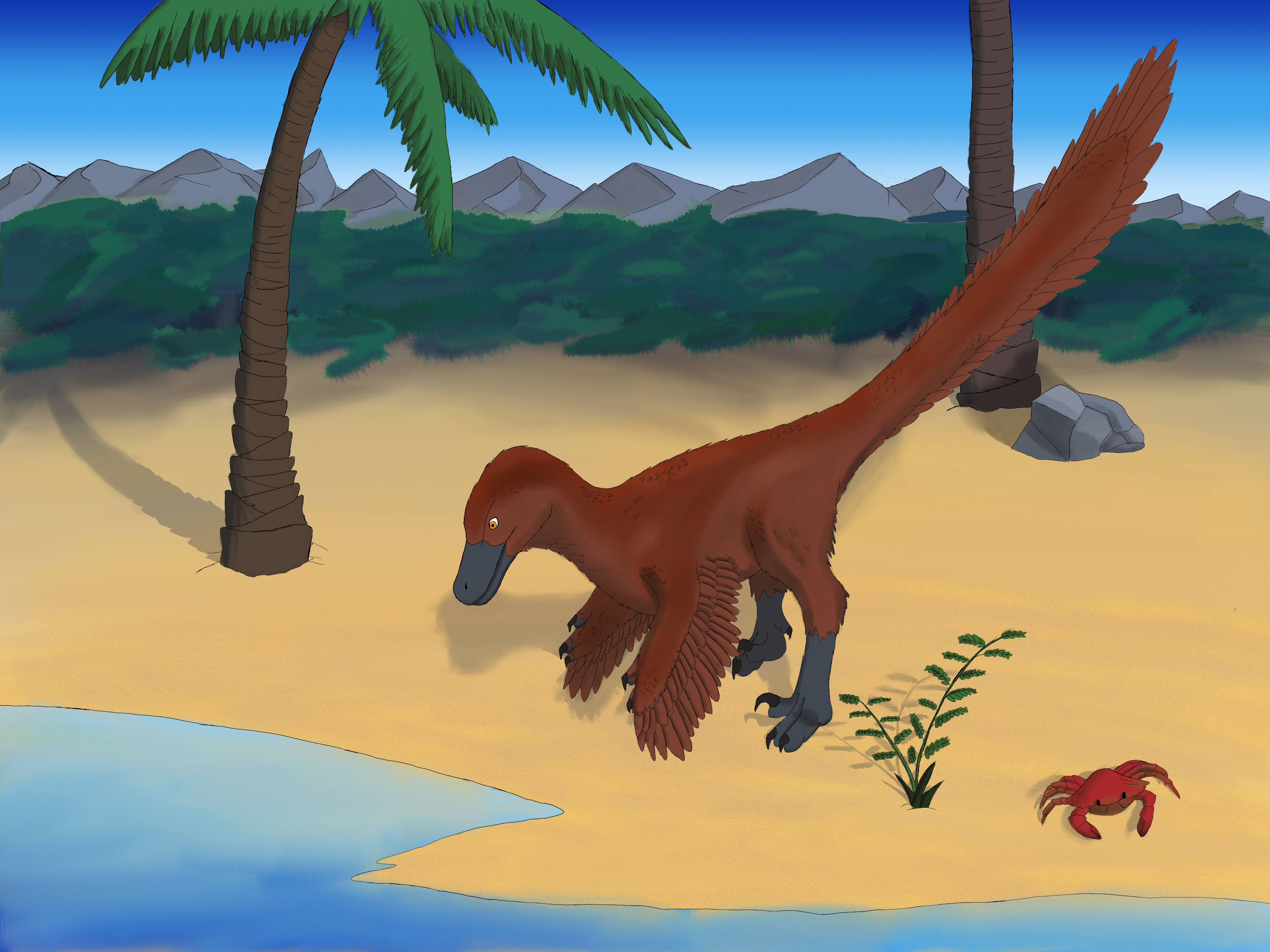 A velociraptor stands near the seashore. Dense foliage is visible in the background, and there is a crab behind the velocirpator.